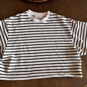 Anine Bing Myers Cropped Tee in Black stripe French Terry